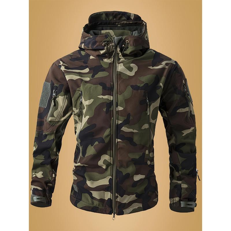 Men's Camouflage Printed Soft Shell Jacket, Multi-Pocket Hooded Jacket, Waterproof and Windproof Outdoor Jacket, Suitable for Hiking and Camping