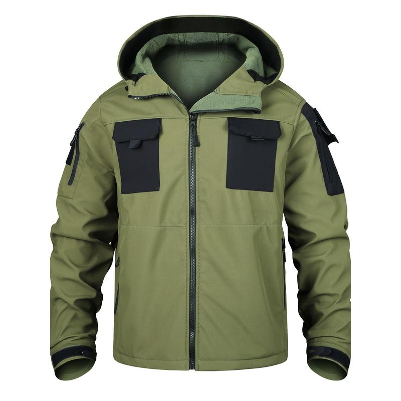 Chic Color Block Mens Windproof Hooded Jacket with Full-Zip, Multi-Pocket Design - Premium Outdoor Tactical Outwear for Stylish Fall Winter Hiking, Camping, and Fishing Adventures