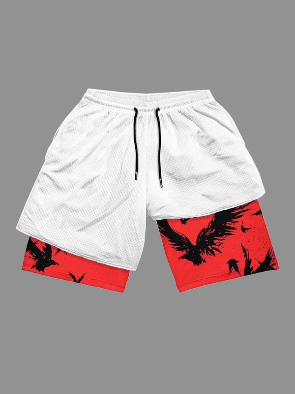 Men's Colorblock Crow Print Drawstring Waist 2 in 1 Track Shorts, Regular Fit Comfy Breathable Summer Shorts, Basketball Shorts, Workout Shorts, Men's Bottoms for Outdoor Daily Wear, Gym Wear for Men