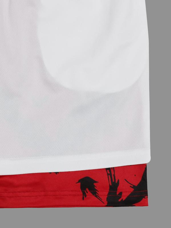 Men's Colorblock Crow Print Drawstring Waist 2 in 1 Track Shorts, Regular Fit Comfy Breathable Summer Shorts, Basketball Shorts, Workout Shorts, Men's Bottoms for Outdoor Daily Wear, Gym Wear for Men