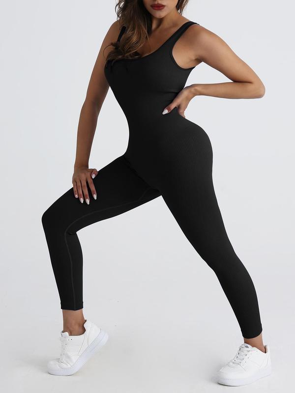 Women's Solid Scoop Neck Sports Jumpsuit, Casual Comfy Breathable Seamless Sleeveless Jumpsuit for Yoga Gym Workout Running, Ladies Sportswear for All Seasons