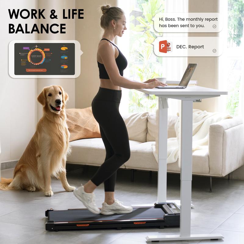 Under Desk Walking Pad Low Noise and Indoor Use with LED，Small Cheap Treadmill with Wheels Removable  0.6-3.8 MPH 300 LBS Weight Capacity  Free Installation orange