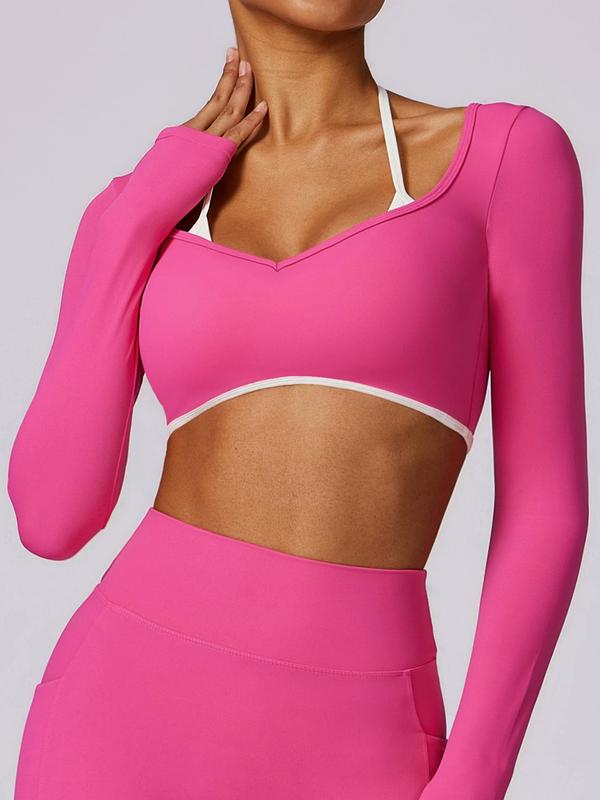 Women's 2 in 1 Backless Sweetheart Neck Crop Sports Tee, Workout Tops, Solid Long Sleeve Crop Top, Workout Gym Yoga Exercise T-shirt for Women, Gym Clothing