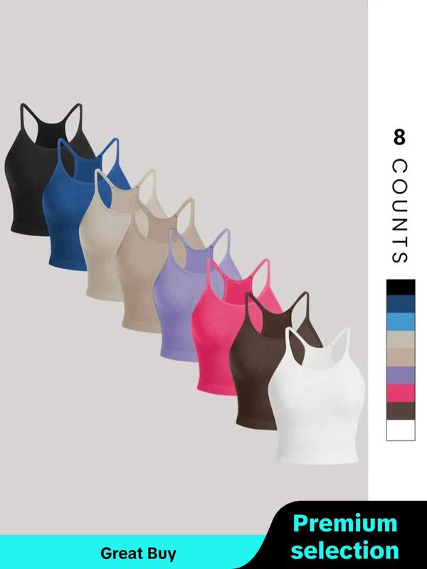 Women's 8pcs Solid Spaghetti Strap Sports Vest, Breathable Comfortable High Stretch Ribbed Knit Camisole For Yoga Gym Workout, Running Vest, Ladies Sportswear For All Seasons