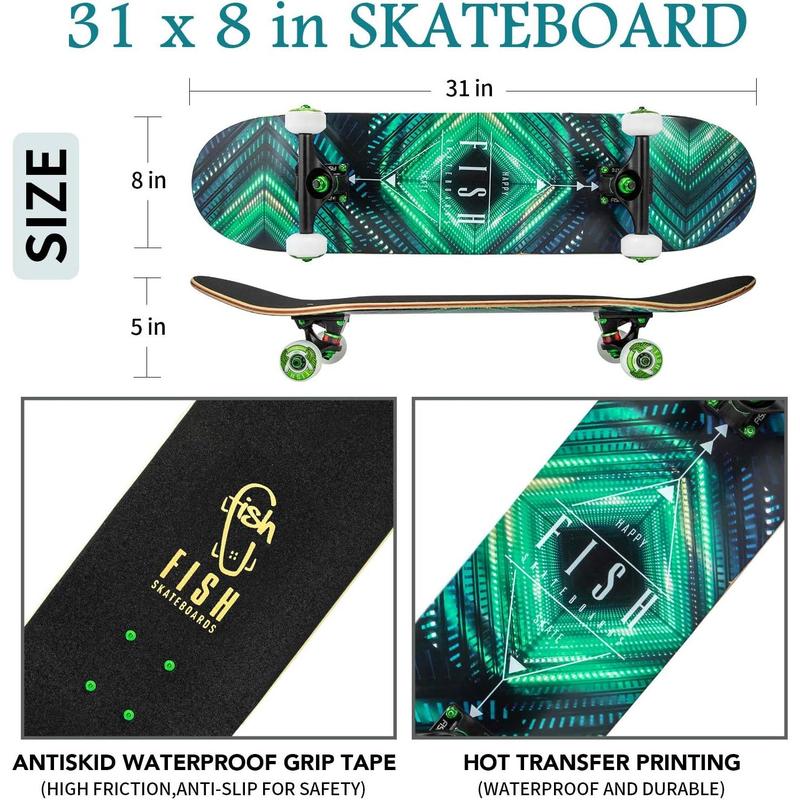 Standard Skateboard, Complete Skateboard 31''x 8'', 7 Layer Canadian Maple Double Kick Deck Concave Cruiser Trick Skateboards for Kids Boys Girls Youths Beginners.