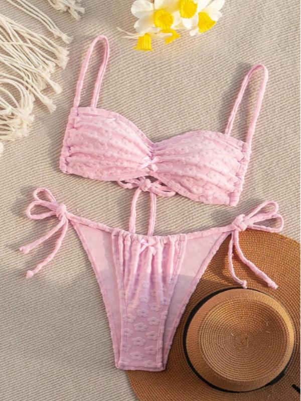 Two-piece Set Women's Floral Jacquard Bow Decor Bikini Set, Chic Ruched Tie Back Swim Bra & Tie Side Swim Thong, Ladies Summer Swimwear