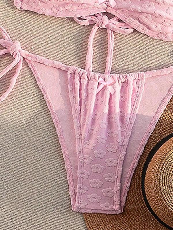 Two-piece Set Women's Floral Jacquard Bow Decor Bikini Set, Chic Ruched Tie Back Swim Bra & Tie Side Swim Thong, Ladies Summer Swimwear