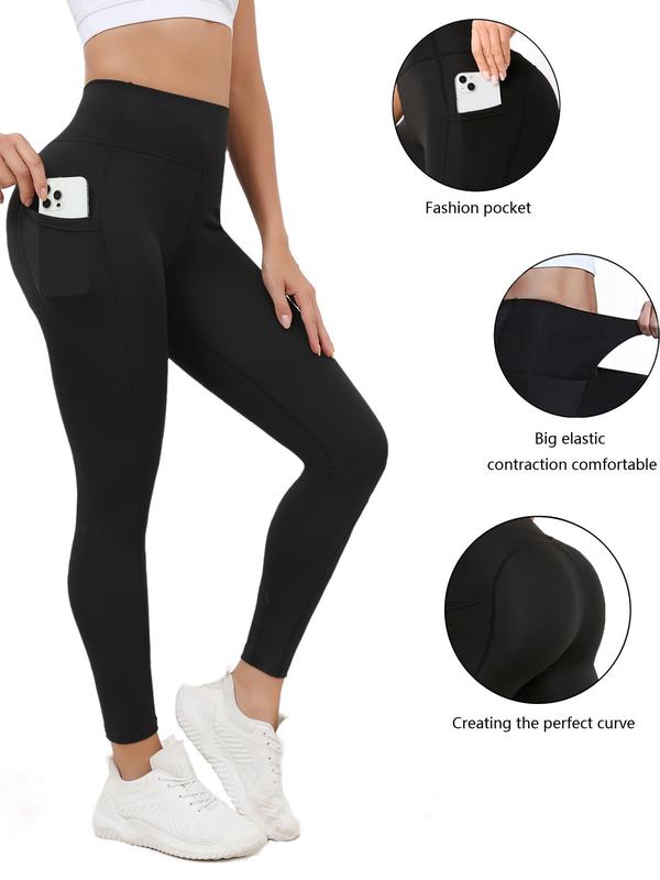 Women's Solid High Waist Sports Leggings, Casual Comfy Breathable Pocket Design Skinny Pants for Yoga Gym Workout Running, Ladies Sportswear for Fall & Winter