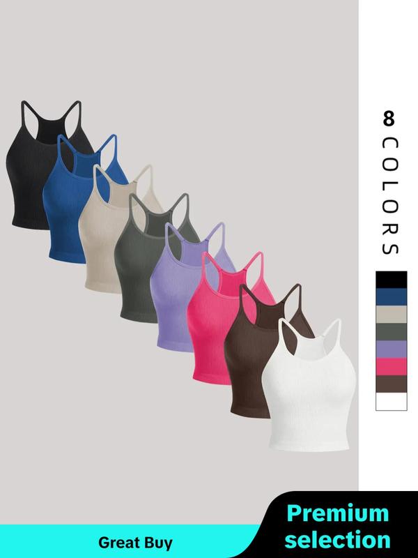 Women's 8pcs Solid Spaghetti Strap Sports Vest, Breathable Comfortable High Stretch Ribbed Knit Camisole For Yoga Gym Workout, Running Vest, Ladies Sportswear For All Seasons