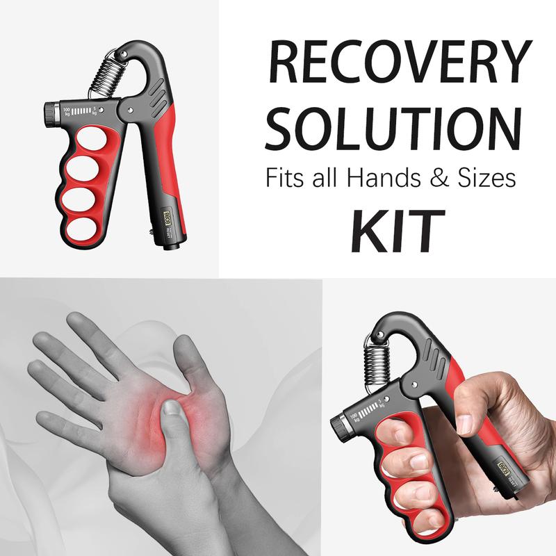 Grip strength trainer, forearm strengthener, with adjustable resistance from 11 to 220 pounds (5-100 kilograms).