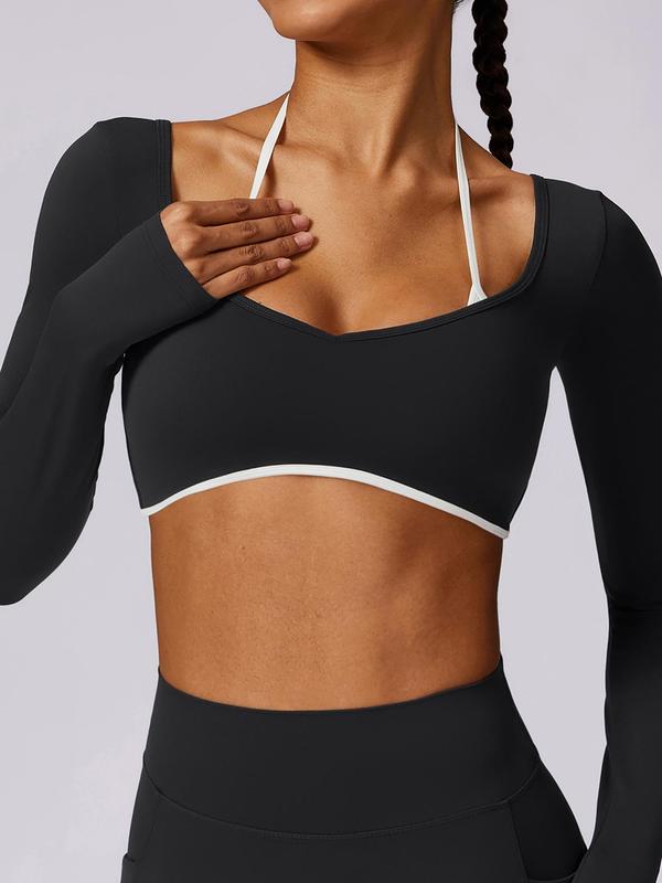 Women's 2 in 1 Backless Sweetheart Neck Crop Sports Tee, Workout Tops, Solid Long Sleeve Crop Top, Workout Gym Yoga Exercise T-shirt for Women, Gym Clothing