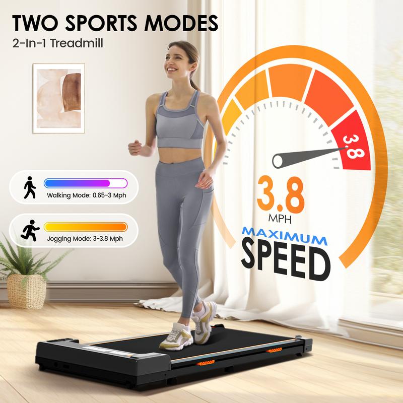 Under Desk Walking Pad Low Noise and Indoor Use with LED，Small Cheap Treadmill with Wheels Removable  0.6-3.8 MPH 300 LBS Weight Capacity  Free Installation orange