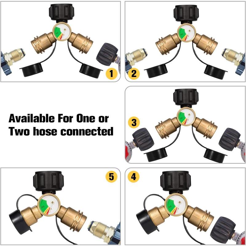 Splitter 2 Way,  Tank Splitter with Gauge,  Hose Splitter for 20lb  Cylinder, BBQ Grill, Gas Burner, Camping Stove, Heater, RV Camper