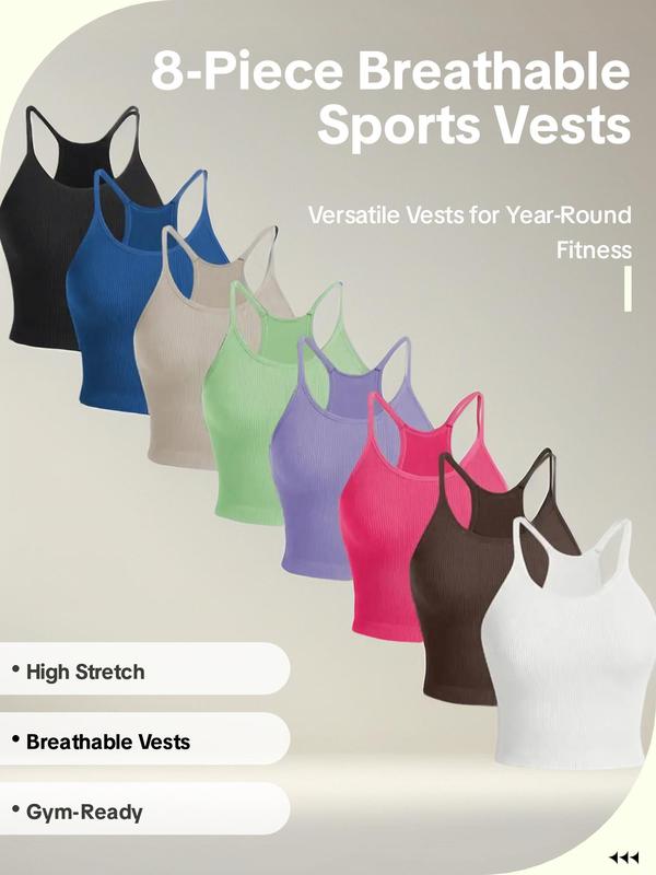 Women's 8pcs Solid Spaghetti Strap Sports Vest, Breathable Comfortable High Stretch Ribbed Knit Camisole For Yoga Gym Workout, Running Vest, Ladies Sportswear For All Seasons