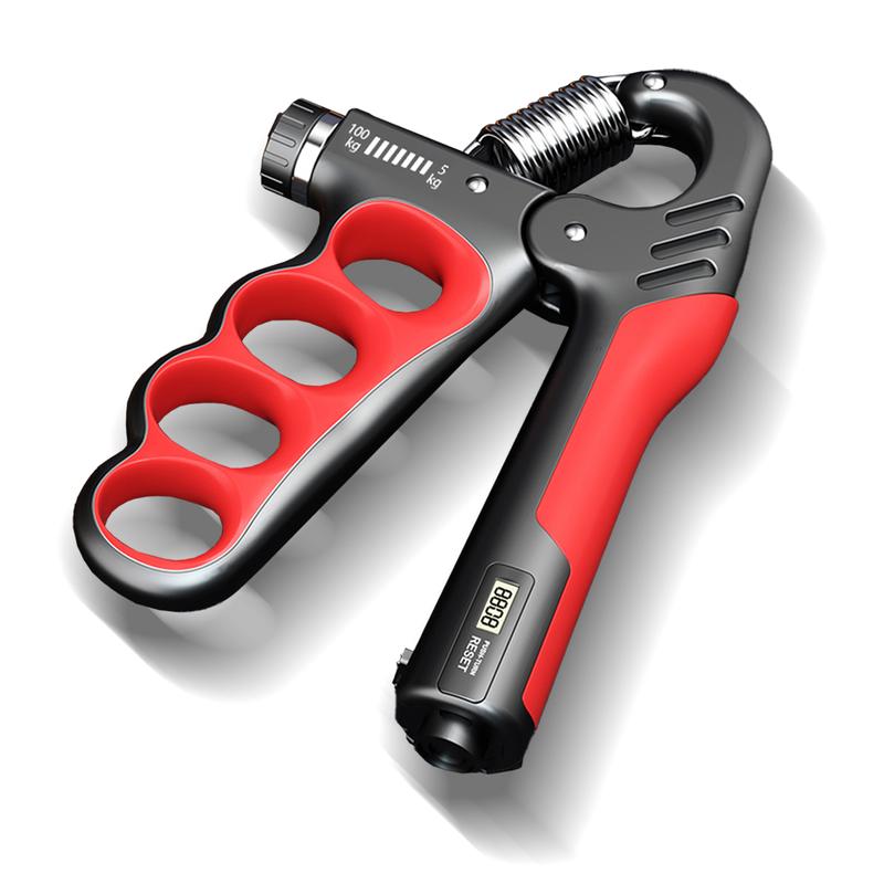 Grip strength trainer, forearm strengthener, with adjustable resistance from 11 to 220 pounds (5-100 kilograms).