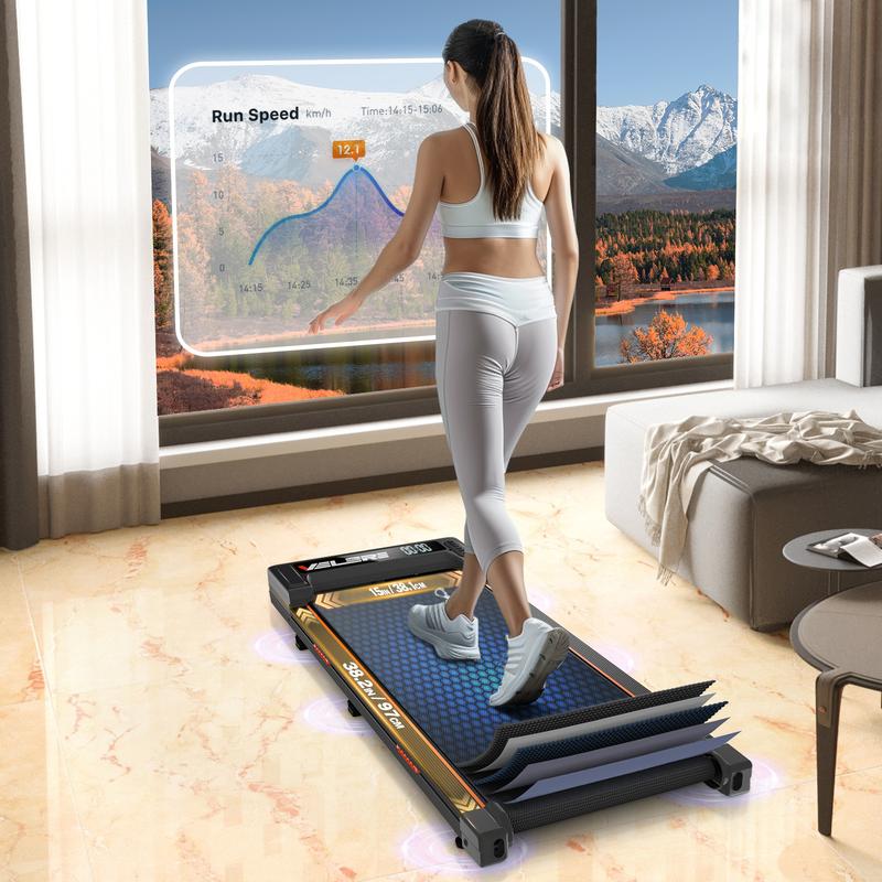 Under Desk Walking Pad Low Noise and Indoor Use with LED，Small Cheap Treadmill with Wheels Removable  0.6-3.8 MPH 300 LBS Weight Capacity  Free Installation orange