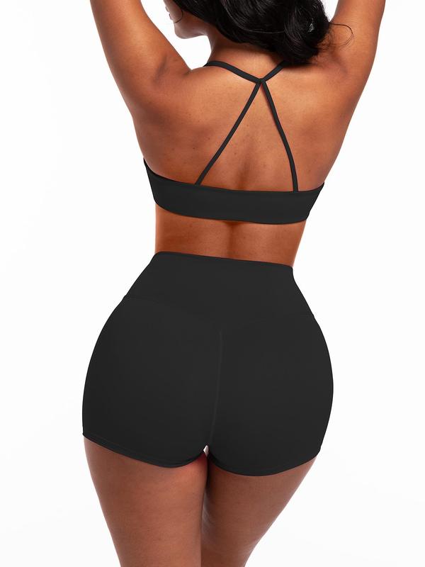 Two-Piece Set Women's Twist Front Crop Top & High Waist Shorts Tracksuit Set, Solid Sleeveless Crop Top & Skinny Shorts, Ladies Sportswear for Indoor Outdoor Wear