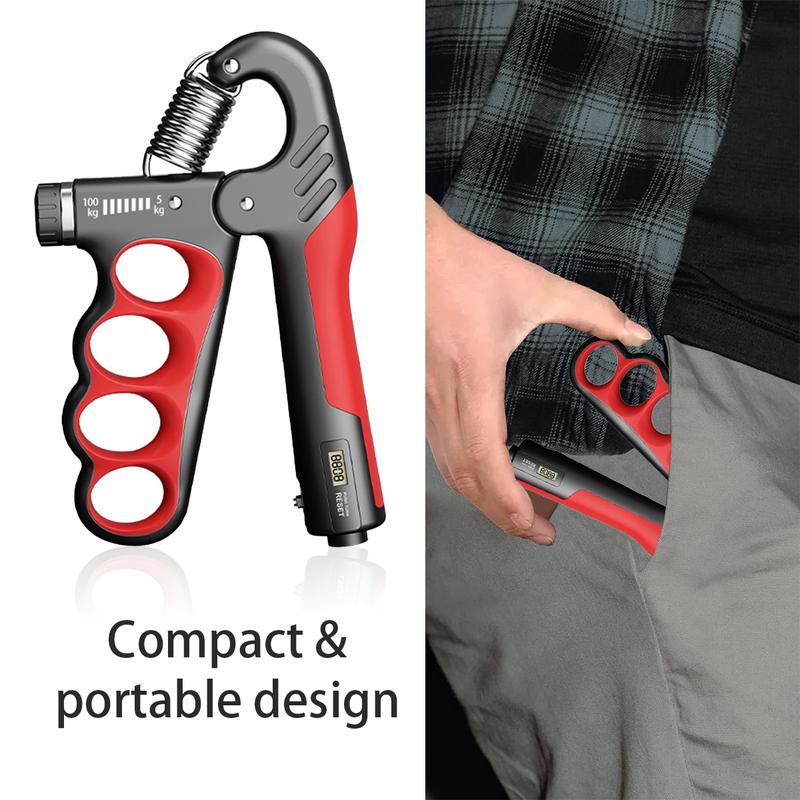 Grip strength trainer, forearm strengthener, with adjustable resistance from 11 to 220 pounds (5-100 kilograms).