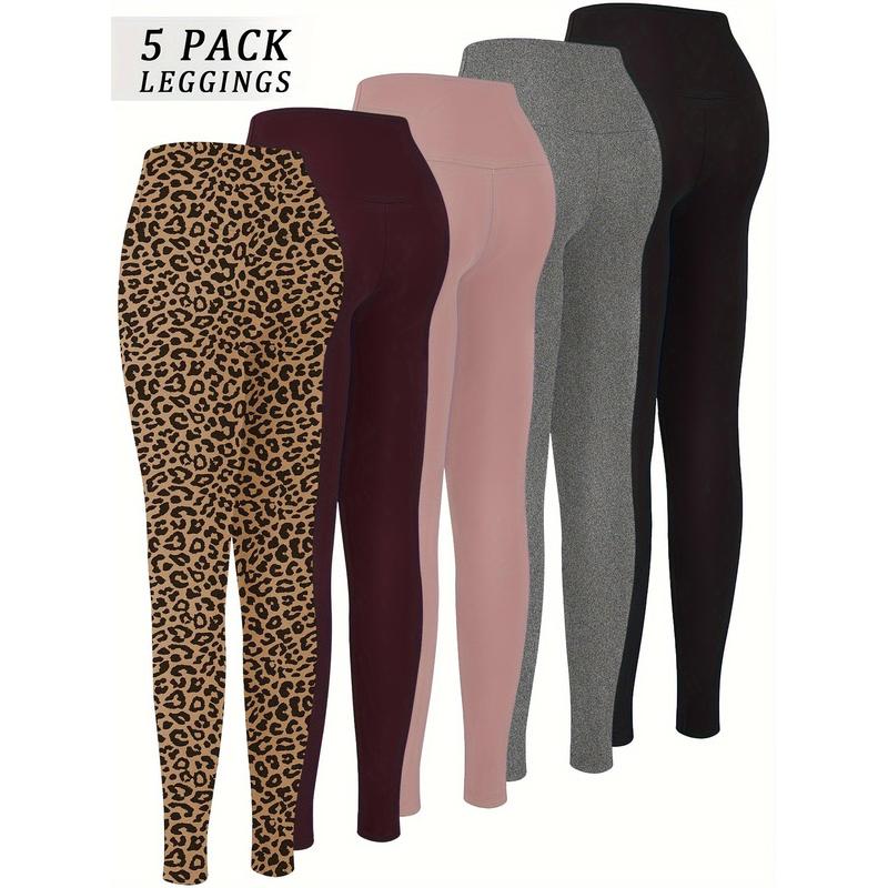 5 Pack Super Soft Leggings for Women: High Waisted, Tummy Control, No See Through, Workout, Yoga, Running Pants - Long Leggings - Adult Size - Stretchy Fabric - Solid Color - Tight Fit - Suitable for All Seasons