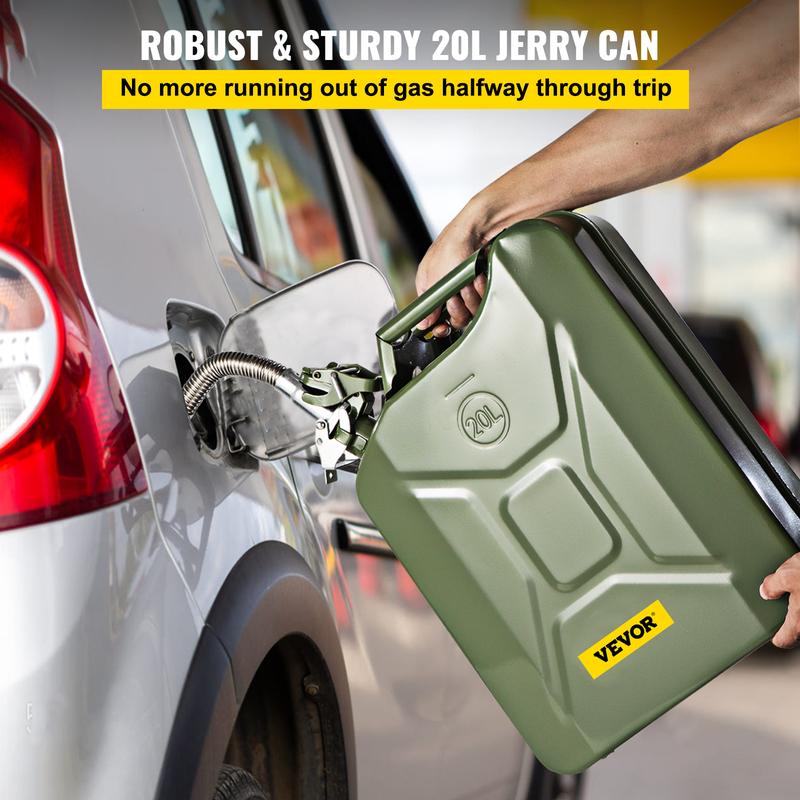 VEVOR Jerry Fuel Can, 5.3 Gallon   20 L Portable Jerry Gas Can with Flexible Spout System, Rustproof ＆ Heat-resistant Steel Fuel Tank for Cars Trucks Equipment, Green