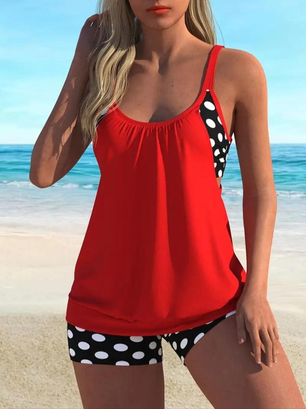 Women's Polka Dot Print Tankini Set, Boho Ruched Cut Out Spaghetti Strap Swim Top & High Waist Skinny Swim Shorts, Ladies Swimsuit for Beach Holiday Vacation