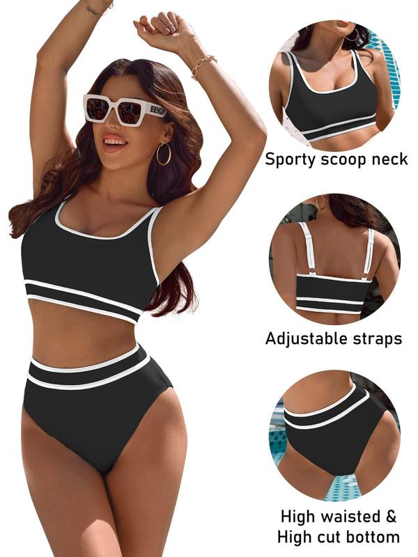 Two-Piece Set Women's Contrast Binding Bikinis Set, Casual Comfy Adjustable Strap Swim Top & High Waist Swim Bottom Set, Swimsuit for Women, Ladies Summer Swimwear