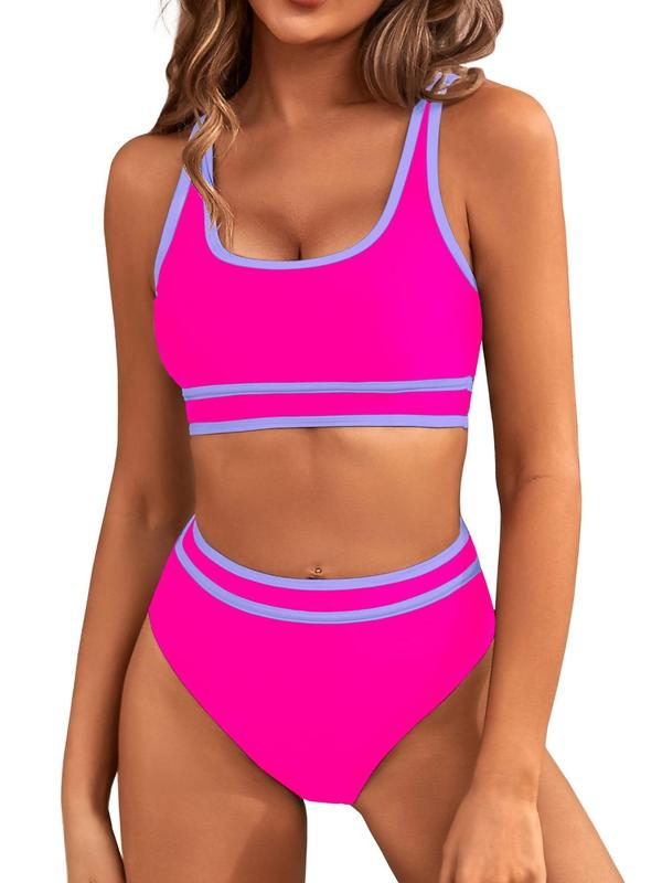 Two-Piece Set Women's Contrast Binding Bikinis Set, Casual Comfy Adjustable Strap Swim Top & High Waist Swim Bottom Set, Swimsuit for Women, Ladies Summer Swimwear