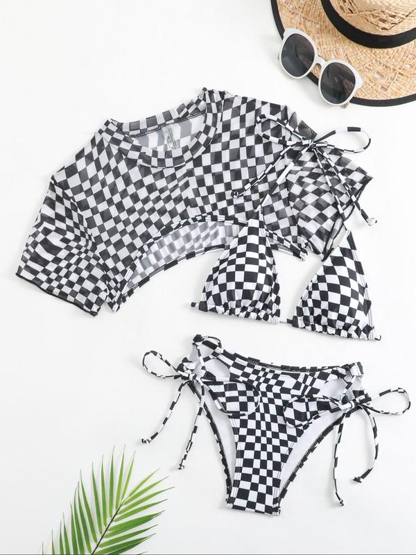 Two-Piece Set Women's Plaid Print Cut Out Swimsuit Set, Casual Triangle Bikini Top & Tie Side Bikini Bottom & Cover Up Crop Top, Chic Swimwear Set for Beach Holiday