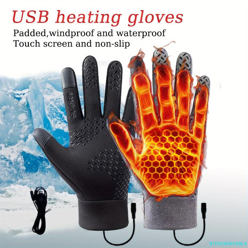 B1F65JK4HJ56L4 USB Heated Winter Gloves, Full Finger Waterproof Touch Screen, Non-Slip, Flexible, for Cold Weather Sports, Motorcycle, Running, Hiking, Climbing, Hunting - Black, Polyester Blend Windproof Touchscreen Touch Screen Touch Screen