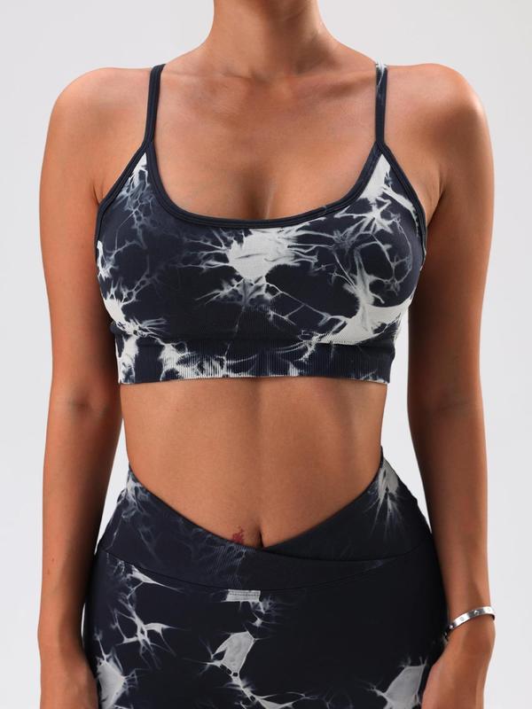 Sporty Women's Tie Dye Print Criss Cross Backless Sports Bra, Detachable Chest Pad Seamless Sports Lingerie Top, Ladies Sportswear for Indoor Outdoor Wear