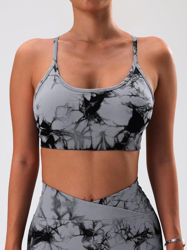 Sporty Women's Tie Dye Print Criss Cross Backless Sports Bra, Detachable Chest Pad Seamless Sports Lingerie Top, Ladies Sportswear for Indoor Outdoor Wear