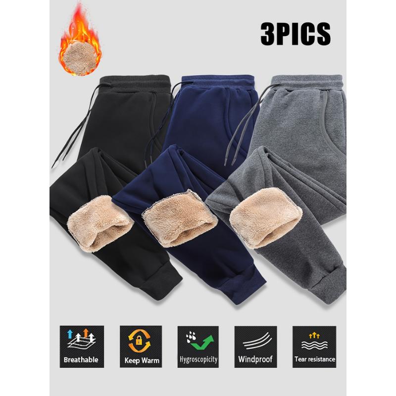 3pcs Thickened Waterproof Men's Solid Color Fleece Lining Warm Jogger Sweatpants With Drawstrings Comfy Outdoor Sports Trousers