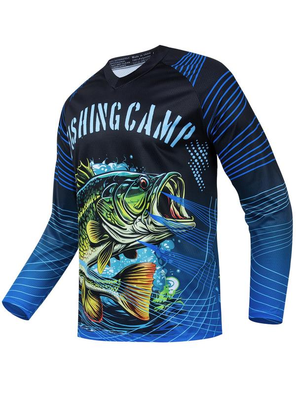 Men's Fish Print Round Neck Sports Tee, Long Sleeve Crew Neck Quick Drying  Comfort Color T Shirts , Compression Shirts, Casual Regular Fit Sporty Top for Outdoor Activities, Workout Tops