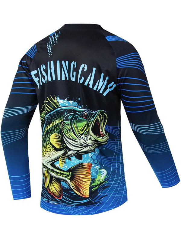 Men's Fish Print Round Neck Sports Tee, Long Sleeve Crew Neck Quick Drying  Comfort Color T Shirts , Compression Shirts, Casual Regular Fit Sporty Top for Outdoor Activities, Workout Tops