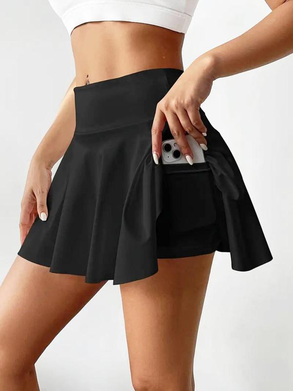 Women's Solid High Waist Pocket Sports Skort, Casual Comfy Breathable High Stretch A Line Skort for Yoga Gym Workout Running, Gym Shorts, Tennis Skirt, Ladies Summer Sportswear, Black Girl Outfits, Women Fall Sport Clothes 2024