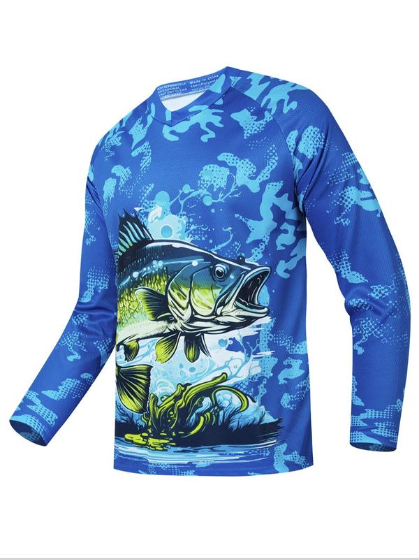 Men's Fish Print Round Neck Sports Tee, Long Sleeve Crew Neck Quick Drying  Comfort Color T Shirts , Compression Shirts, Casual Regular Fit Sporty Top for Outdoor Activities, Workout Tops