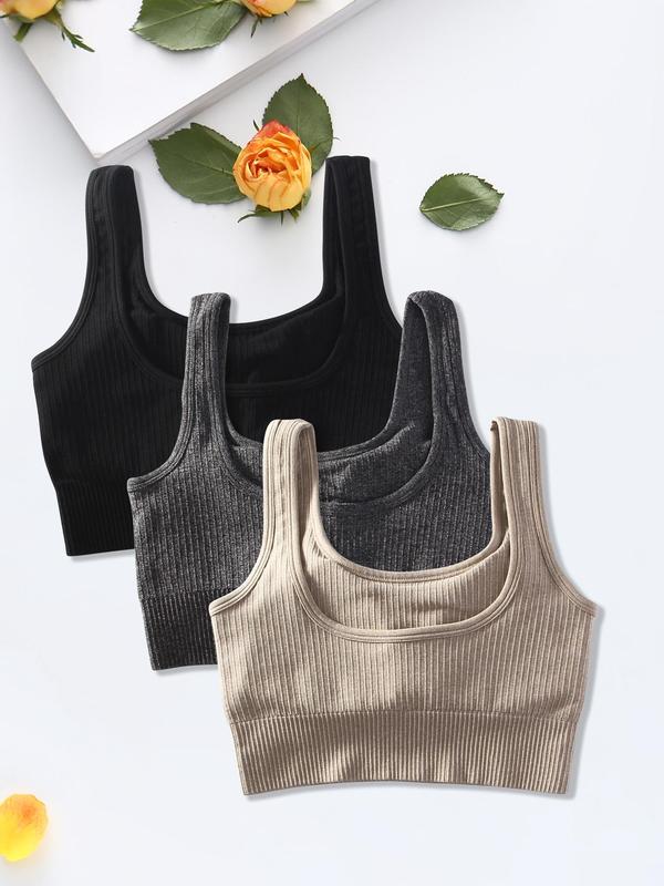 Women's Solid Wireless Ribbed Knit Sports Bra, Breathable Comfortable Sports Top, Summer Tops, Summer Clothes, Ladies Sportswear for Yoga Gym Workout