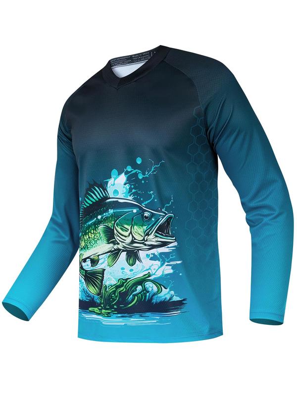 Men's Fish Print Round Neck Sports Tee, Long Sleeve Crew Neck Quick Drying  Comfort Color T Shirts , Compression Shirts, Casual Regular Fit Sporty Top for Outdoor Activities, Workout Tops