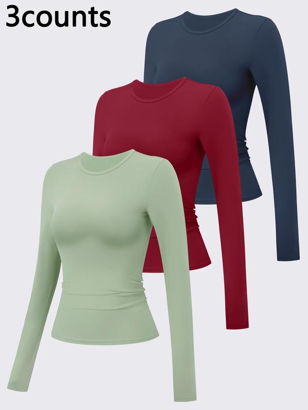 Women's Solid Long Sleeve Sports Tee, Sporty High Stretch Round Neck T-shirt for Yoga Gym Workout, Ladies Sportswear for Fall & Winter