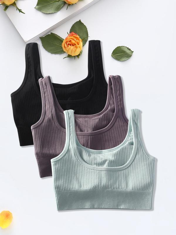 Women's Solid Wireless Ribbed Knit Sports Bra, Breathable Comfortable Sports Top, Summer Tops, Summer Clothes, Ladies Sportswear for Yoga Gym Workout