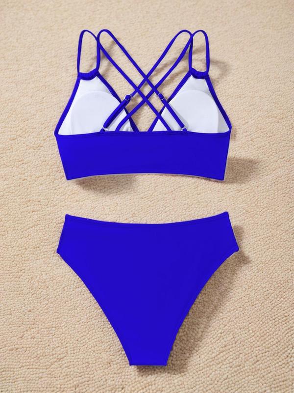 Women's Plain Cut Out Criss Cross Bikinis Set, Solid Double Strap Swim Top & High Waist Swim Bottom Swimsuit Set for Summer, Gothic Bikini, Back To School Summer Bikini, Bathing Suits, Women's Swimwear for Beach Holiday