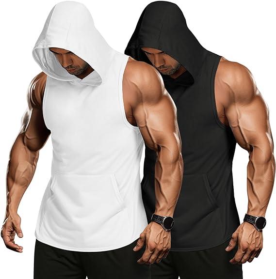 COOFANDY B Summer Clearance 2 Pack Mens Workout Hooded Tank Tops Bodybuilding Muscle Cut Off T Shirt Sleeveless Gym Sport Hoodies Menswear Summer Outfits Breathable black friday