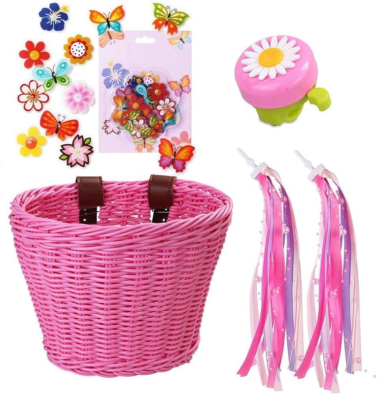 MINI-FACTORY Bike Basket Bell Tassel Streamer Set for Girls, Bicycle 4Pcs Set Decoration Accessories (Basket + Bell + Streamer + Wheel Spoke)