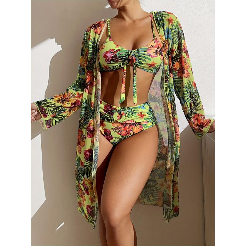 Flirty Tropical Print Bikini Set with Knot Belt - High Stretch 3-Piece Swimsuit & Long Sleeve Cover Up for Women - Perfect Holiday Fashion for Koningsdag Kings Day