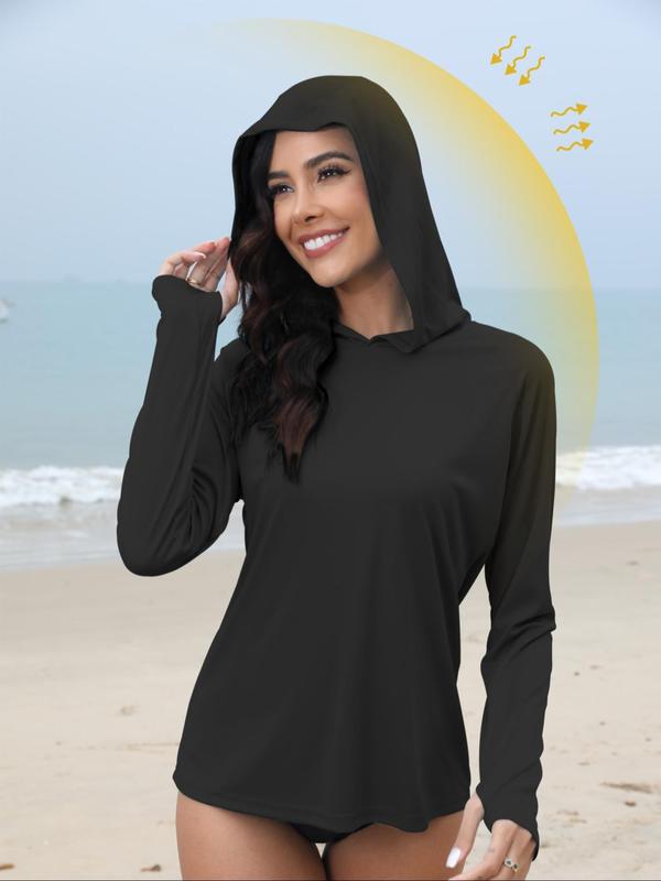 Women's Solid Long Sleeve Hooded Rashguard, Sporty Thumb Hole Design Sun Protection Hooded Top for Outdoor Running, Ladies Sportswear for All Seasons