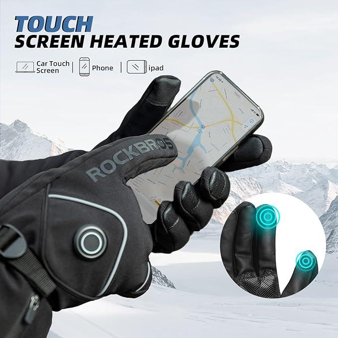 ROCKBROS Heated Gloves Electric Rechargeable Battery Thermal Mittens Gloves for Men Women Winter Touchscreen Waterproof Warm Glove Liners Cold Weather Gloves for Cycling, Skiing, Snowboarding