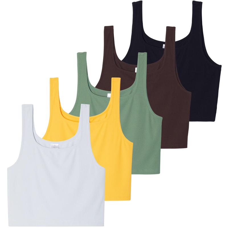 Real Essentials 5 Pack: Women's Soft Knit Ribbed Square Neck Cropped Tank Top - Sleeveless Crop Tops