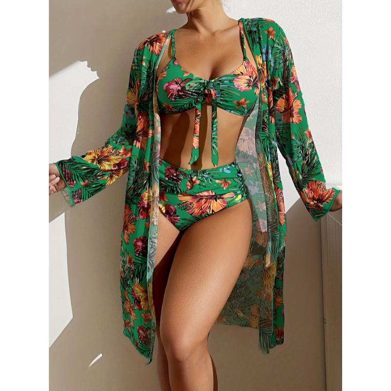 Flirty Tropical Print Bikini Set with Knot Belt - High Stretch 3-Piece Swimsuit & Long Sleeve Cover Up for Women - Perfect Holiday Fashion for Koningsdag Kings Day