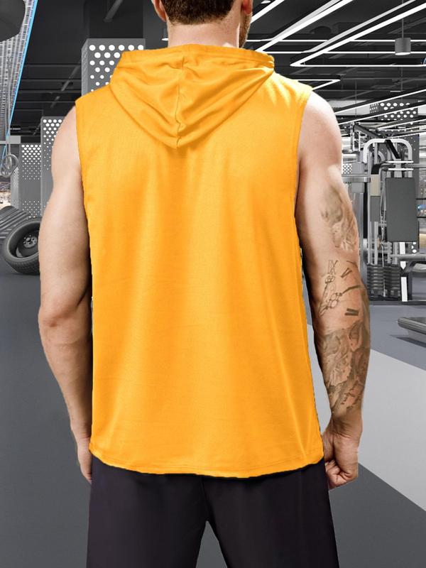 Men's Letter Print Drawstring Hooded Sports Vest, Summer Clothes, Regular Fit Casual Pocket Mesh Top For Gym Workout Running, Men's Sport & Outdoor Clothing For Summer