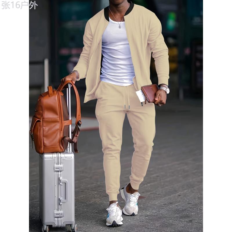 Men's Outfit, Solid Long Sleeve Zip Up Jacket & Drawstring Joggers 2-piece Set For Outdoor Jogging Gym Workout